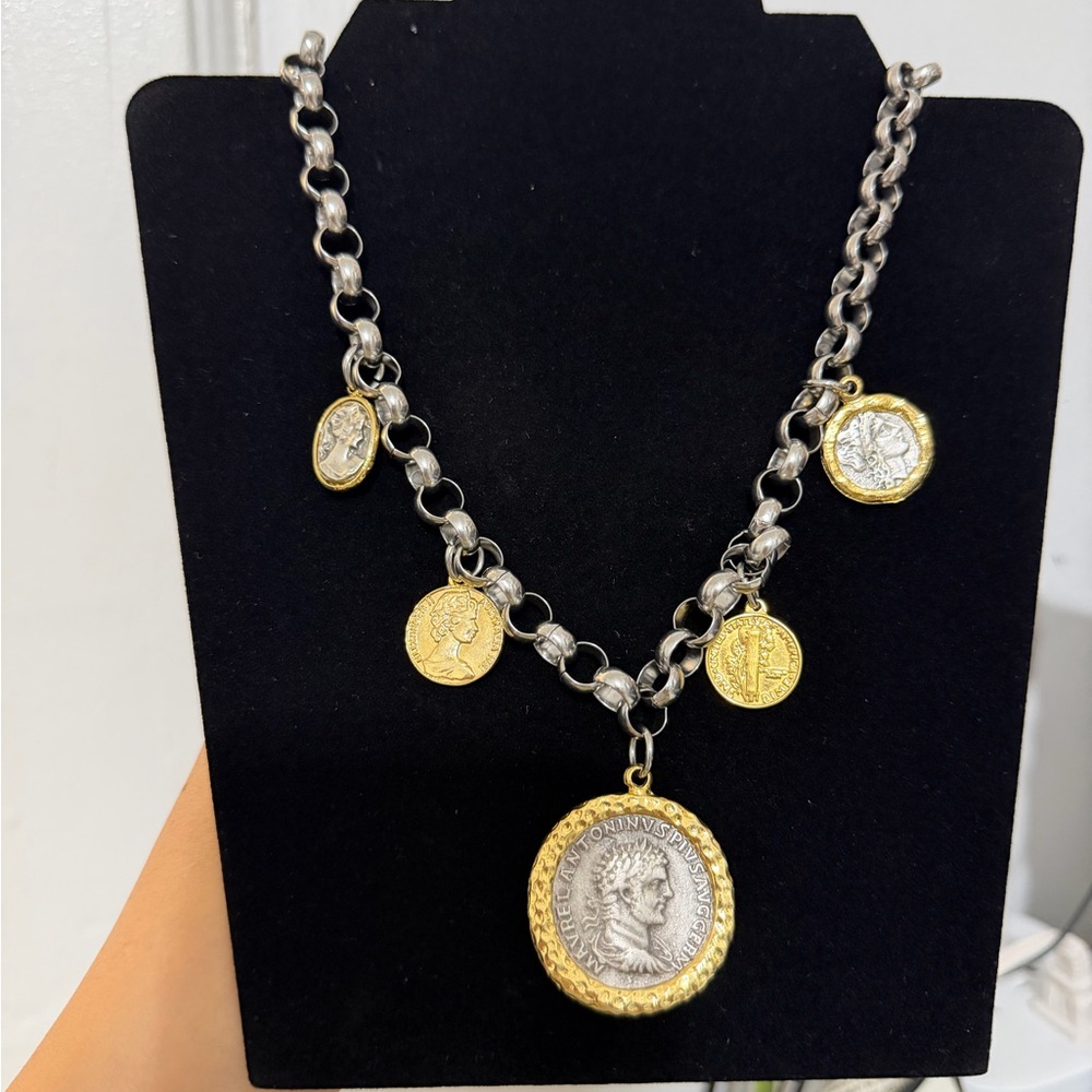 Gold and Silver Coin Pendant Necklace Contemporaey Jewelry